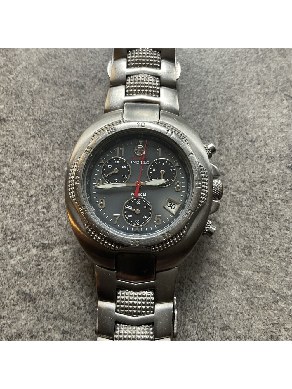 Timex Expedition Chronograph Blue Dial Indiglo Vintage Stainless Watch 42mm B-R